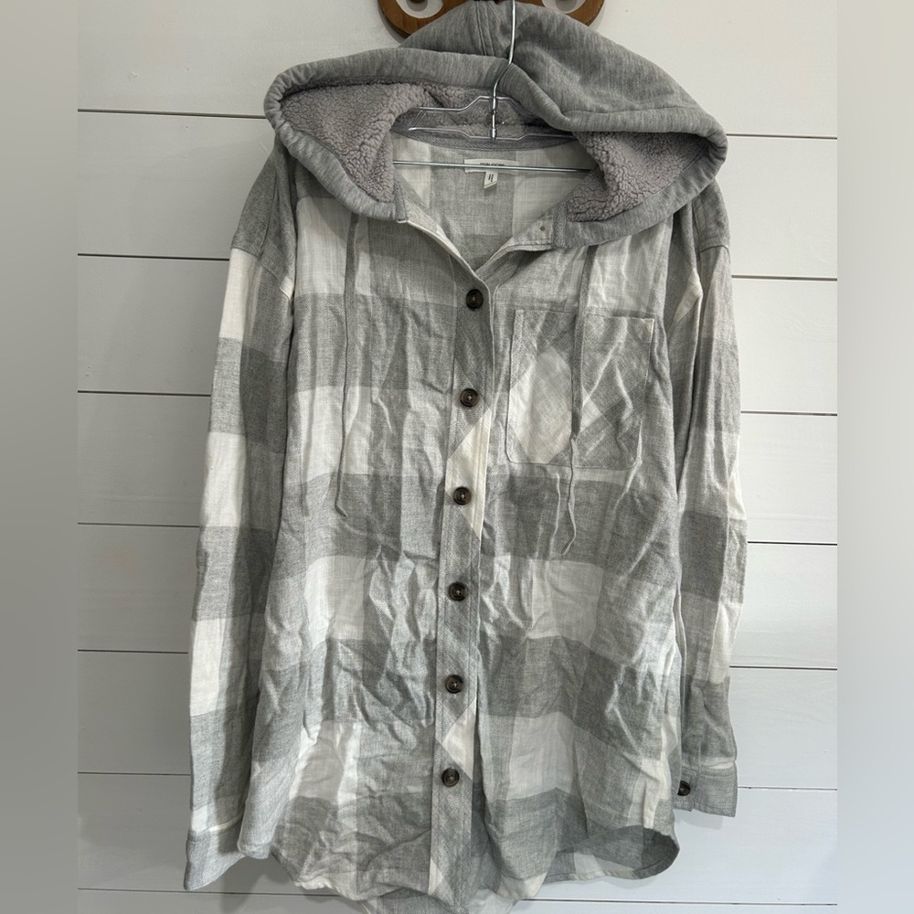 Maurices Gray and White Plaid Button Down Shirt with Hood